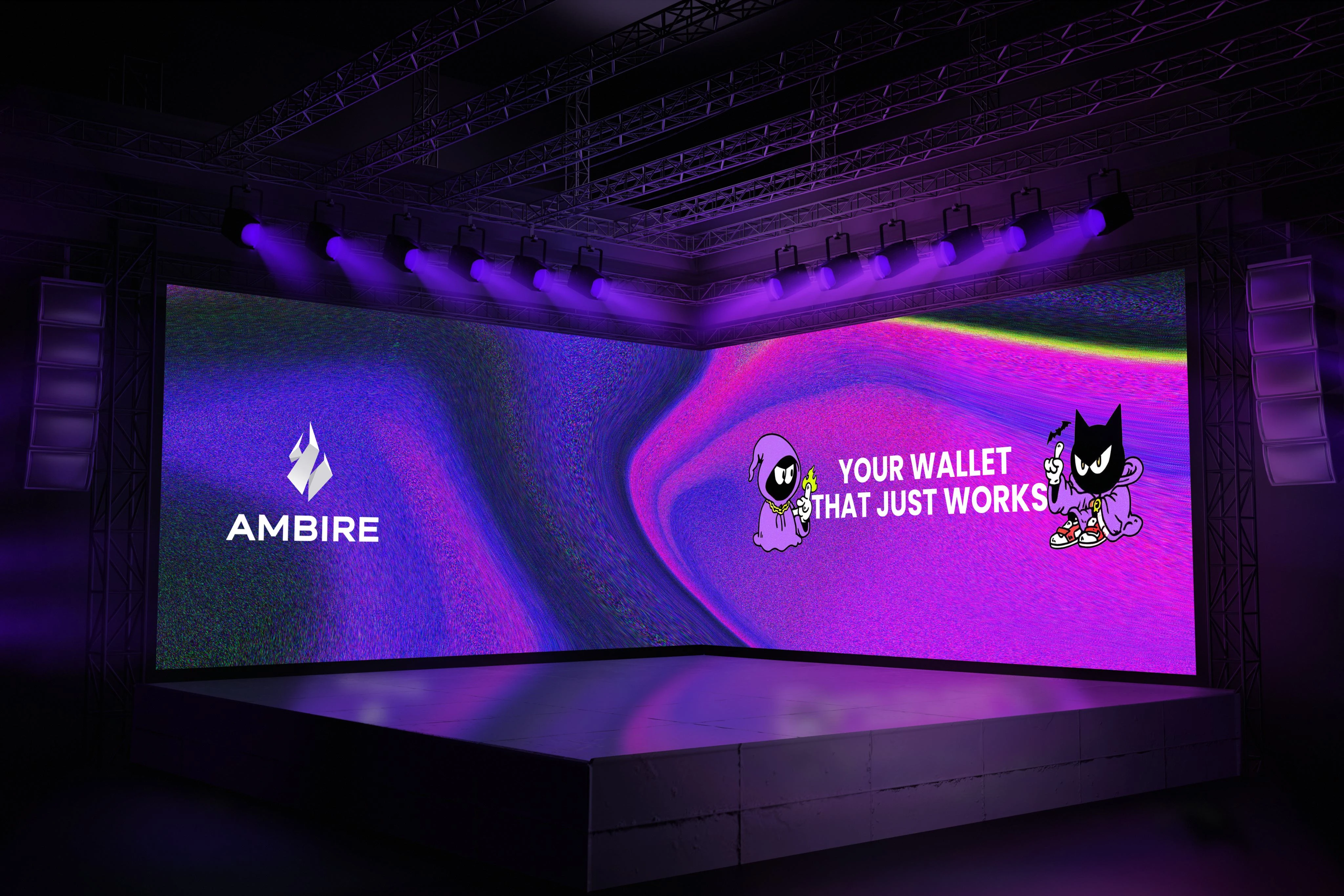 Ambire event-space mockup with a purple wraparound display, Shisto characters, and the line Your wallet that just works