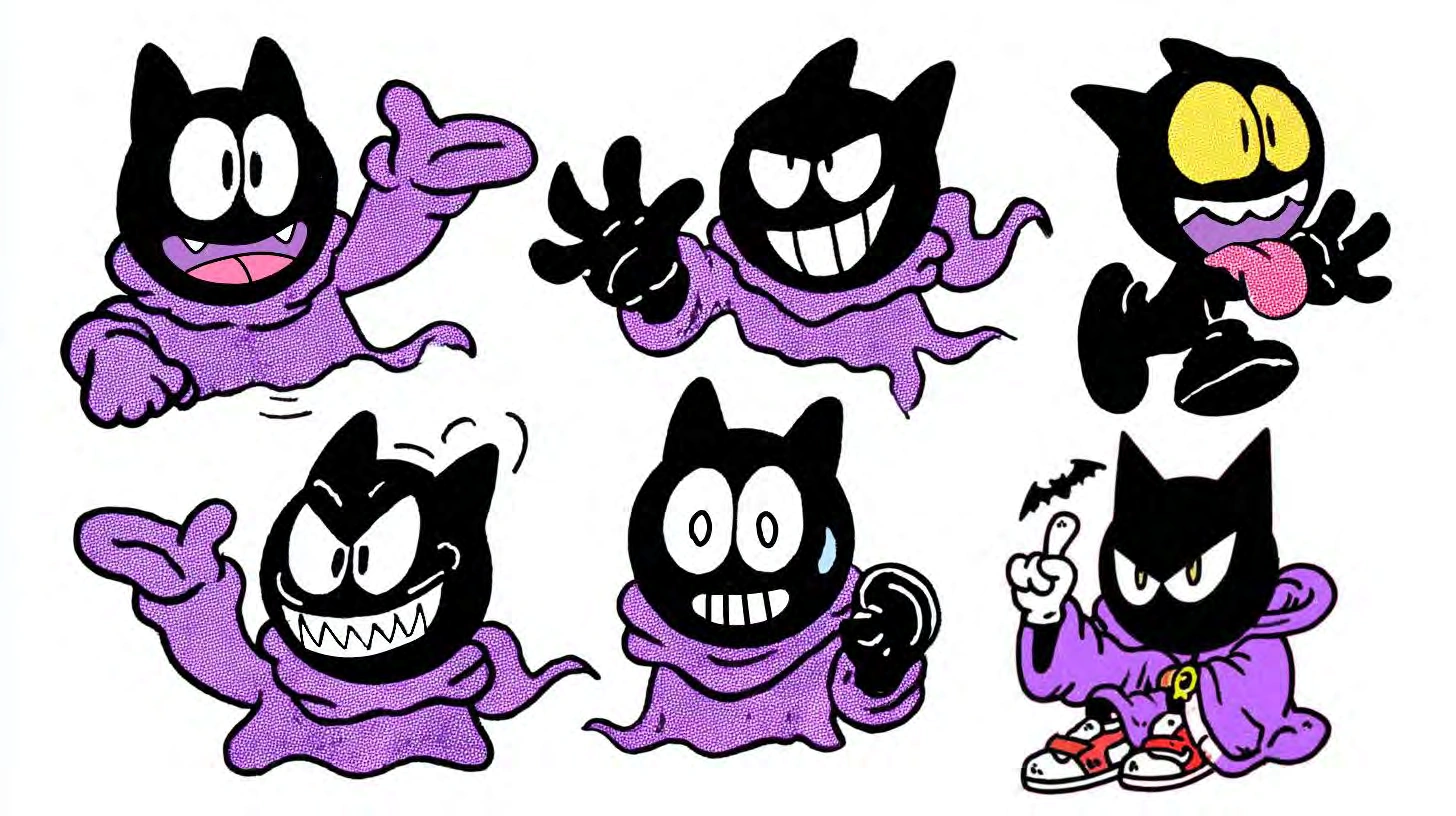 Six Shisto mascot poses, with black heads, purple clothing, and playful expressions