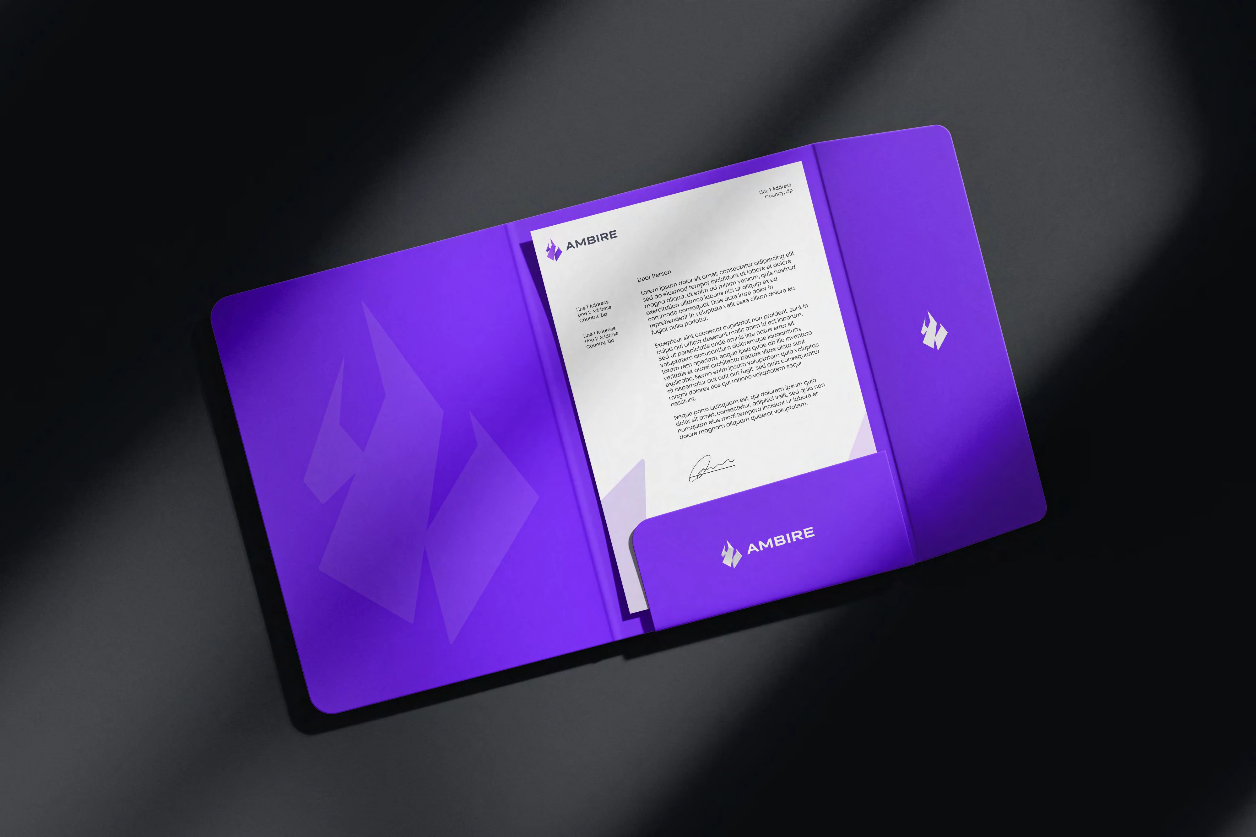 Ambire purple folder and letterhead