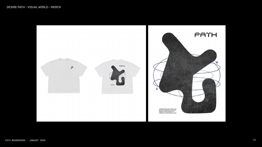 Path T-shirt and poster concepts with irregular black letterforms and thin blue orbit lines